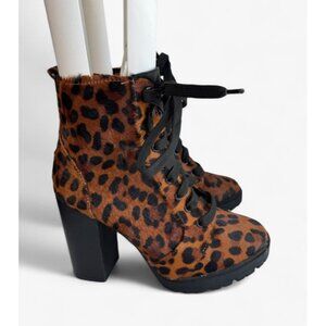 Express Womens Combat Boots Size 10 Leopard Animal Fur Block Heel Lace Up